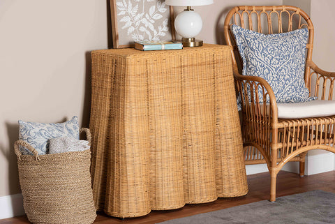 bali & pari Palm Scallop Natural Rattan Console Table - Handwoven Wicker Accent Table for Hallway or Entryway, Coastal & Boho Décor, Rectangle 36"