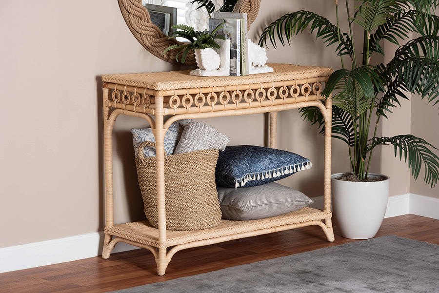 bali & pari Oxford Braided Natural Rattan Console Table with Open Shelf - Coastal Boho Entryway or Hallway Accent Table with Decorative Loop Detailing