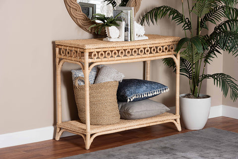 bali & pari Oxford Braided Natural Rattan Console Table with Open Shelf - Coastal Boho Entryway or Hallway Accent Table with Decorative Loop Detailing