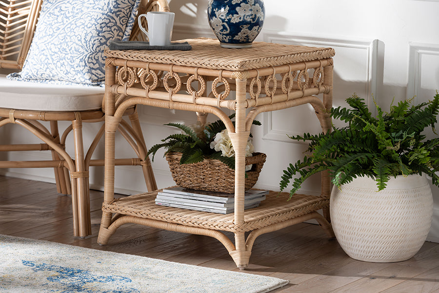 bali & pari Oxford Braided Natural Rattan End Table with Shelf - Square Boho Accent Table with Decorative Loop Detailing, Coastal Style for Living Room or Bedroom