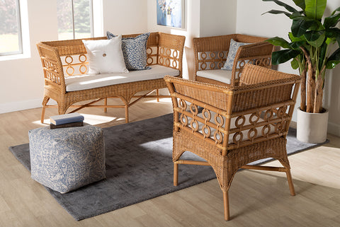 bali & pari Oxford Bohemian Light Honey Rattan 3-Piece Living Room Chair Set