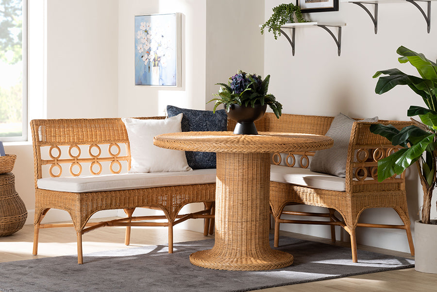 bali & pari Monica Bohemian Light Honey Rattan 3-Piece Dining Nook Set