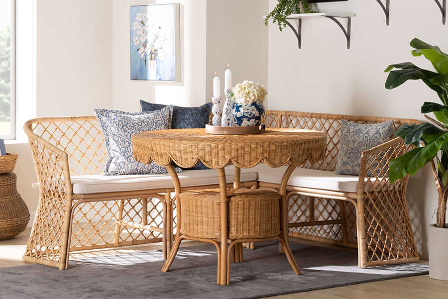bali & pari Frayne Bohemian Light Honey Rattan 3-Piece Dining Nook Set