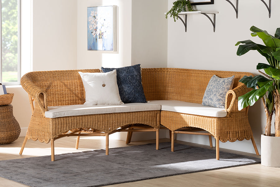 bali & pari Tamara Bohemian Light Honey Rattan 2-Piece Dining Nook Bench Set