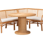 bali & pari Aara 3-Piece Natural Rattan Dining Nook Set - L-Shaped Corner Bench with Cushions and Round Pedestal Wicker Table, Handwoven Boho Coastal Breakfast Banquette for Kitchen or Sunroom