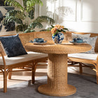 bali & pari Aara 3-Piece Natural Rattan Dining Nook Set - L-Shaped Corner Bench with Cushions and Round Pedestal Wicker Table, Handwoven Boho Coastal Breakfast Banquette for Kitchen or Sunroom