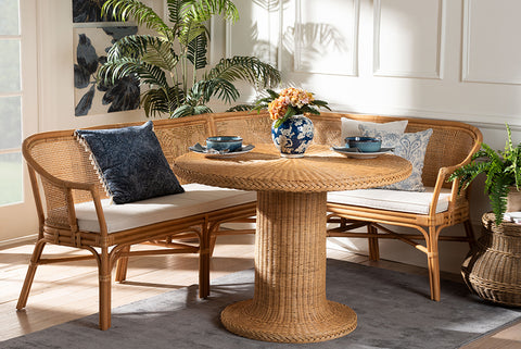 bali & pari Aara 3-Piece Natural Rattan Dining Nook Set - L-Shaped Corner Bench with Cushions and Round Pedestal Wicker Table, Handwoven Boho Coastal Breakfast Banquette for Kitchen or Sunroom
