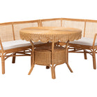 bali & pari Ceona 3-Piece Natural Rattan Dining Nook Set - L-Shaped Banquette Seating with Cushions and Wicker Table with Scallop Edge, Boho Coastal Style Dining