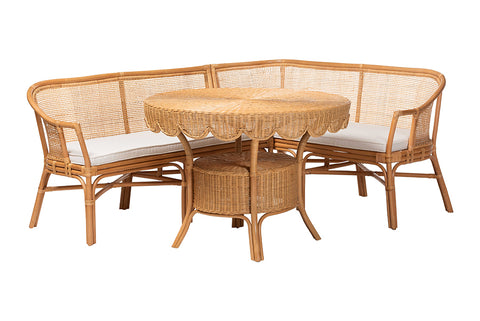 bali & pari Ceona 3-Piece Natural Rattan Dining Nook Set - L-Shaped Banquette Seating with Cushions and Wicker Table with Scallop Edge, Boho Coastal Style Dining