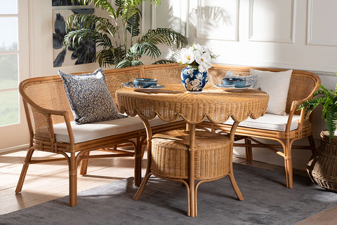 bali & pari Ceona 3-Piece Natural Rattan Dining Nook Set - L-Shaped Banquette Seating with Cushions and Wicker Table with Scallop Edge, Boho Coastal Style Dining