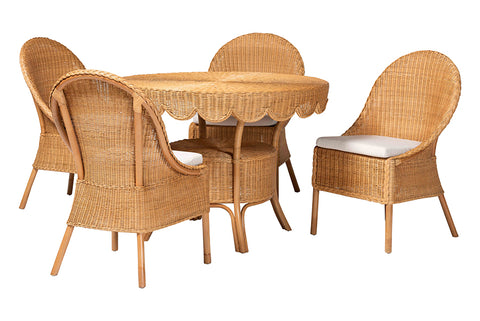 bali & pari Tyrone 5-Piece Rattan Dining Set - Round Wicker Table with Scallop Edge and 4 Side Chairs, Handwoven Boho Coastal Style for Dining, Kitchen or Sun Room, Light Honey