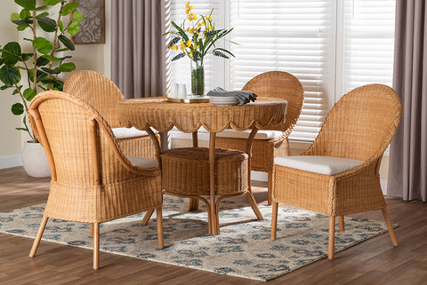 bali & pari Tyrone 5-Piece Rattan Dining Set - Round Wicker Table with Scallop Edge and 4 Side Chairs, Handwoven Boho Coastal Style for Dining, Kitchen or Sun Room, Light Honey