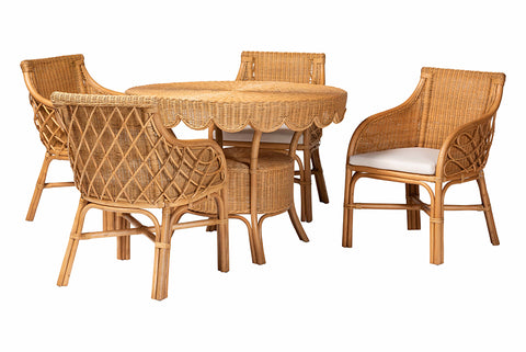 bali & pari Tudor 5-Piece Rattan Dining Set - Round Wicker Table with Scallop Edge and 4 Armchairs, Handwoven Boho Coastal Style for Dining, Kitchen or Sun Room, Light Honey