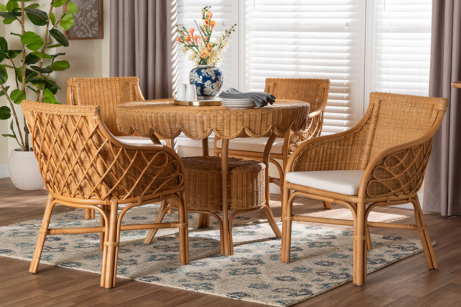 bali & pari Tudor 5-Piece Rattan Dining Set - Round Wicker Table with Scallop Edge and 4 Armchairs, Handwoven Boho Coastal Style for Dining, Kitchen or Sun Room, Light Honey