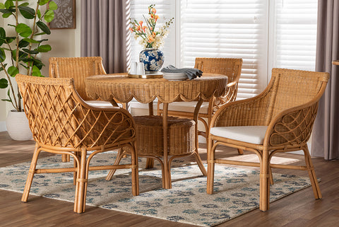 bali & pari Tudor 5-Piece Rattan Dining Set - Round Wicker Table with Scallop Edge and 4 Armchairs, Handwoven Boho Coastal Style for Dining, Kitchen or Sun Room, Light Honey