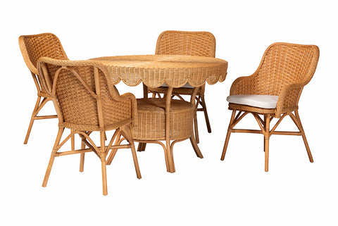 bali & pari Tucson 5-Piece Rattan Dining Set - Round Wicker Table with Scallop Edge and 4 Armchairs, Handwoven Boho Coastal Style for Dining, Kitchen or Sun Room, Light Honey