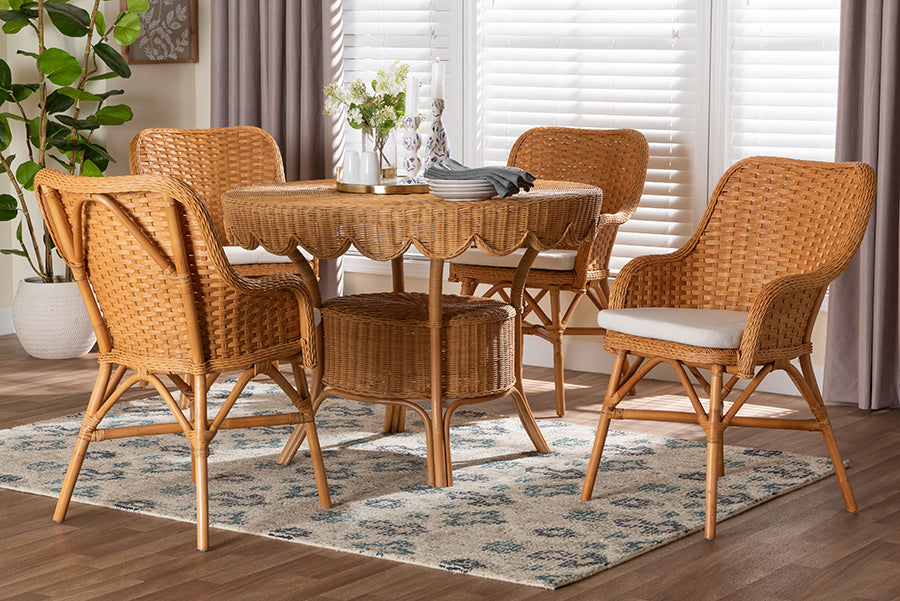 bali & pari Tucson 5-Piece Rattan Dining Set - Round Wicker Table with Scallop Edge and 4 Armchairs, Handwoven Boho Coastal Style for Dining, Kitchen or Sun Room, Light Honey