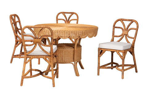 bali & pari Trenton 5-Piece Rattan Dining Set - Round Wicker Table with Scallop Edge and 4 Side Chairs, Handwoven Boho Coastal Style for Dining, Kitchen or Sun Room, Light Honey