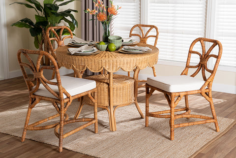 bali & pari Trenton 5-Piece Rattan Dining Set - Round Wicker Table with Scallop Edge and 4 Side Chairs, Handwoven Boho Coastal Style for Dining, Kitchen or Sun Room, Light Honey