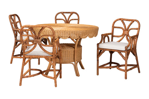 bali & pari Trevor 5-Piece Rattan Dining Set - Round Wicker Table with Scallop Edge and 4 Armchairs, Handwoven Boho Coastal Style for Dining, Kitchen or Sun Room, Light Honey