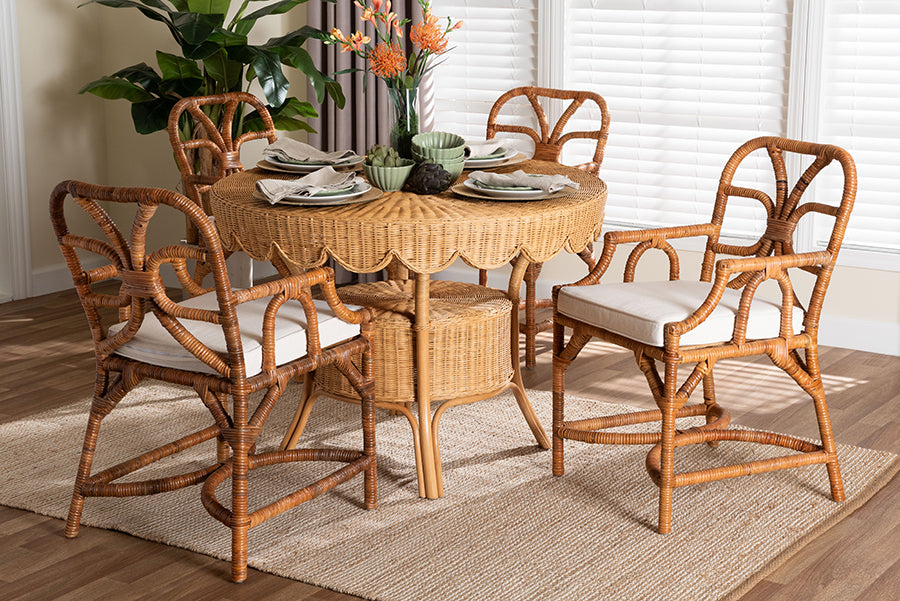 bali & pari Trevor 5-Piece Rattan Dining Set - Round Wicker Table with Scallop Edge and 4 Armchairs, Handwoven Boho Coastal Style for Dining, Kitchen or Sun Room, Light Honey