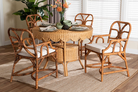 bali & pari Trevor 5-Piece Rattan Dining Set - Round Wicker Table with Scallop Edge and 4 Armchairs, Handwoven Boho Coastal Style for Dining, Kitchen or Sun Room, Light Honey