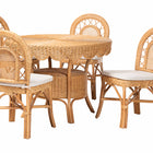 bali & pari Travis 5-Piece Natural Rattan Dining Set - Handwoven Wicker Set with Round Scalloped Edge Table and  4 Curved Back Chairs, Coastal Boho Dining Room Furniture with Cushioned Seating