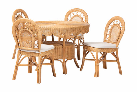 bali & pari Travis 5-Piece Natural Rattan Dining Set - Handwoven Wicker Set with Round Scalloped Edge Table and  4 Curved Back Chairs, Coastal Boho Dining Room Furniture with Cushioned Seating
