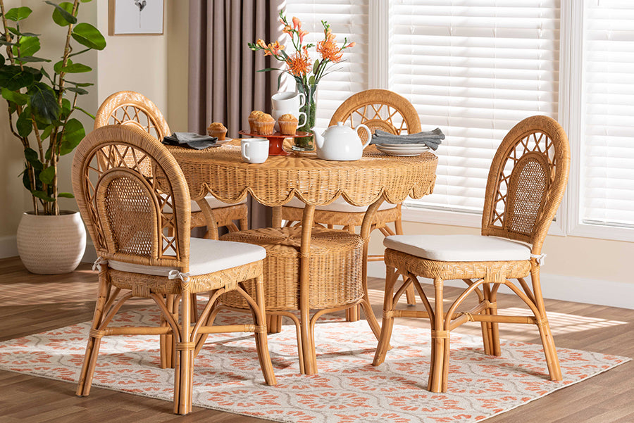 bali & pari Travis 5-Piece Natural Rattan Dining Set - Handwoven Wicker Set with Round Scalloped Edge Table and  4 Curved Back Chairs, Coastal Boho Dining Room Furniture with Cushioned Seating