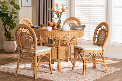bali & pari Travis 5-Piece Natural Rattan Dining Set - Handwoven Wicker Set with Round Scalloped Edge Table and  4 Curved Back Chairs, Coastal Boho Dining Room Furniture with Cushioned Seating