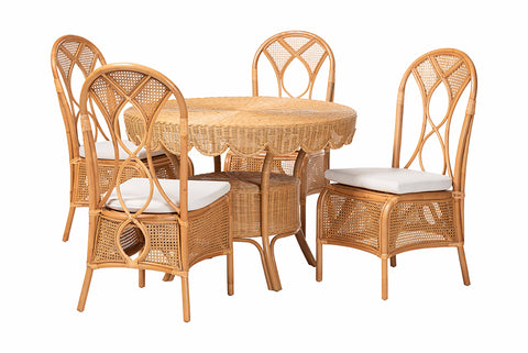 bali & pari Tony 5-Piece Natural Rattan Dining Set with Round Scalloped Edge Table and 4 Chairs, Handwoven Wicker Dining Furniture with Cushioned Seats, Boho Coastal Kitchen or Dining Room Set
