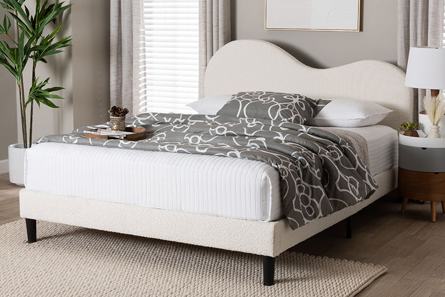 Baxton Studio Dalton Boucle Upholstered Platform Bed - Soft Fabric Queen Size Bed Frame with Headboard, Minimalist Design, Cream