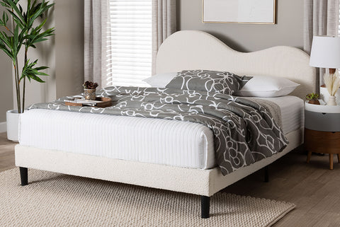 Baxton Studio Dalton Boucle Upholstered Platform Bed - Soft Fabric Queen Size Bed Frame with Headboard, Minimalist Design, Cream