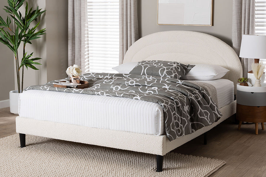 Baxton Studio Pelagia Boucle Upholstered Platform Bed - Soft Fabric Queen Size Bed Frame with Padded Headboard, Minimalist Design, Cream