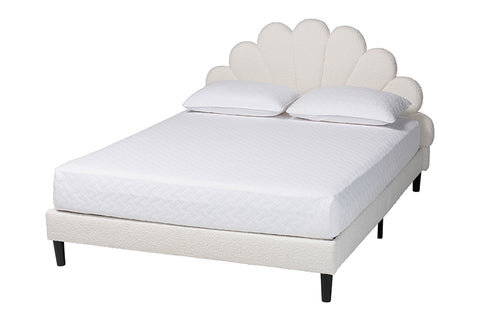 Baxton Studio Albion Boucle Upholstered Platform Bed - Soft Fabric Queen Size Bed Frame with Padded Headboard, Minimalist Design, Cream