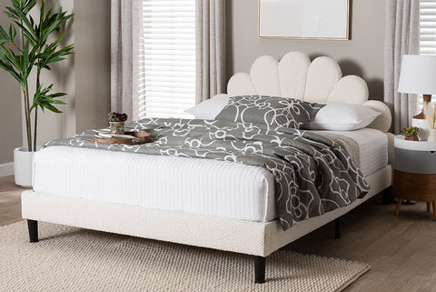Baxton Studio Albion Boucle Upholstered Platform Bed - Soft Fabric Queen Size Bed Frame with Padded Headboard, Minimalist Design, Cream
