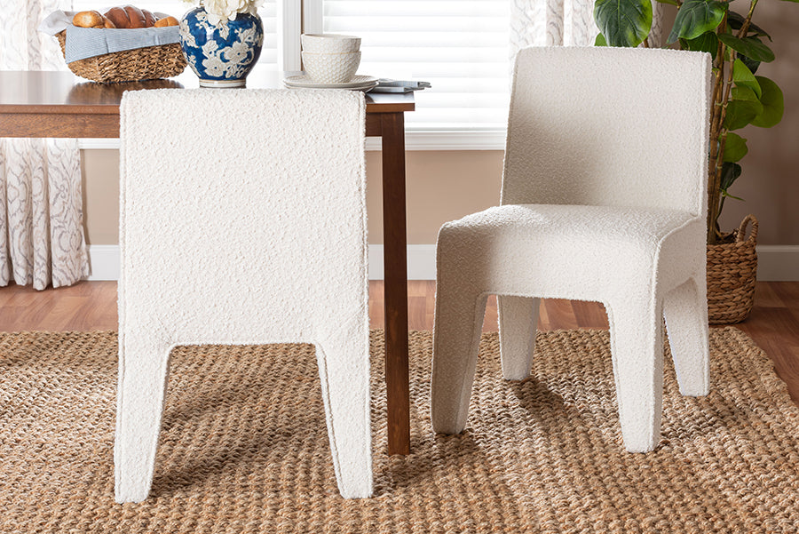 Baxton Studio Helios Boucle Dining Chair Set of 2 - Modern Armless Upholstered Accent Chair, Soft White, Minimalist Design