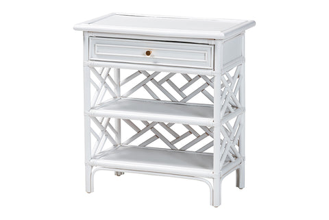 bali & pari Tiaret Natural Rattan Nightstand with Drawer and Shelves - Chippendale-Style Bedside Table for Bedroom or Coastal Living Spaces, White
