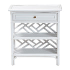bali & pari Tiaret Natural Rattan Nightstand with Drawer and Shelves - Chippendale-Style Bedside Table for Bedroom or Coastal Living Spaces, White
