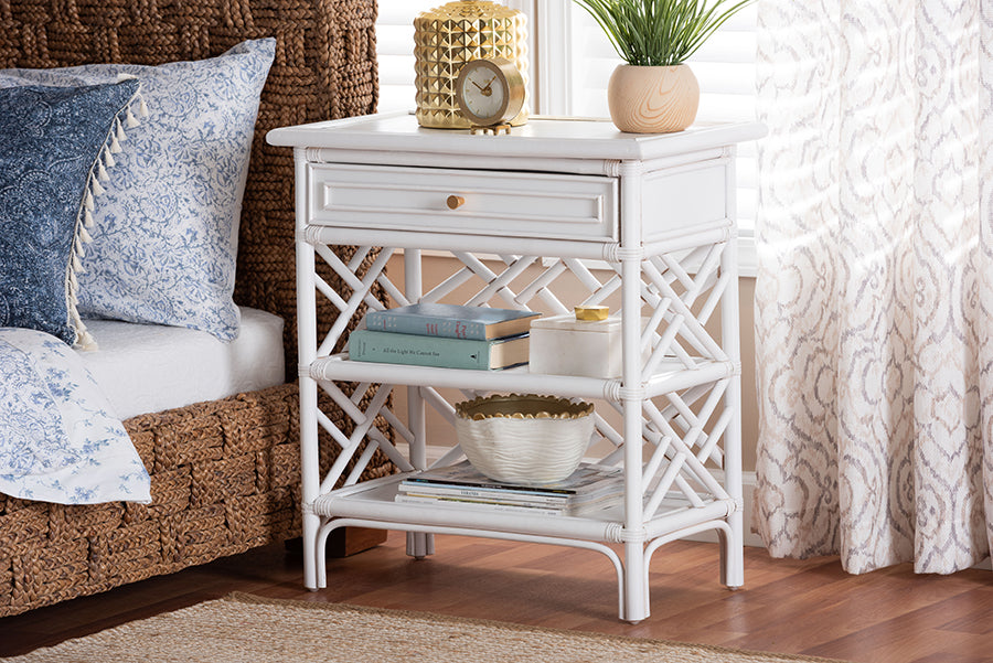 bali & pari Tiaret Natural Rattan Nightstand with Drawer and Shelves - Chippendale-Style Bedside Table for Bedroom or Coastal Living Spaces, White