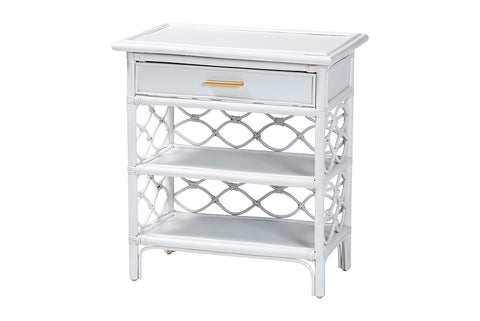 bali & pari Akane Natural Rattan Nightstand with Drawer and Open Shelves - Coastal Bedside Table with Lattice Design, White
