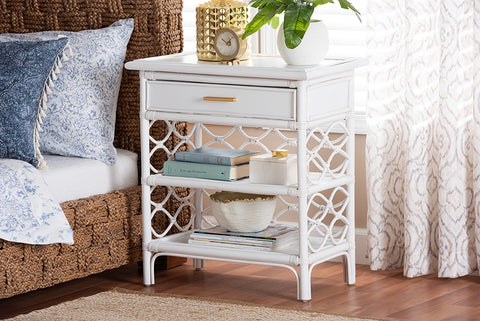 bali & pari Akane Natural Rattan Nightstand with Drawer and Open Shelves - Coastal Bedside Table with Lattice Design, White