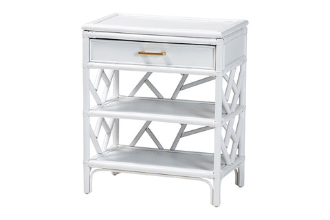 bali & pari Daina Natural Rattan Nightstand with Drawer and Open Shelves- Coastal Bedside Table with Geometric Design, White