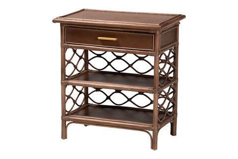 bali & pari Akane Natural Rattan Nightstand with Drawer and Open Shelves - Coastal Bedside Table with Lattice Design, Brown