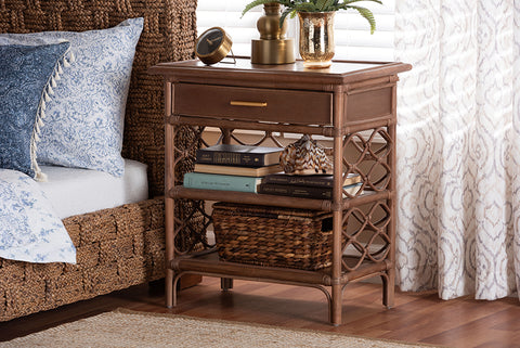 bali & pari Akane Natural Rattan Nightstand with Drawer and Open Shelves - Coastal Bedside Table with Lattice Design, Brown