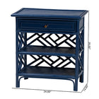 bali & pari Tiaret Natural Rattan Nightstand with Drawer and Shelves - Chippendale-Style Bedside Table for Bedroom or Coastal Living Spaces, Blue
