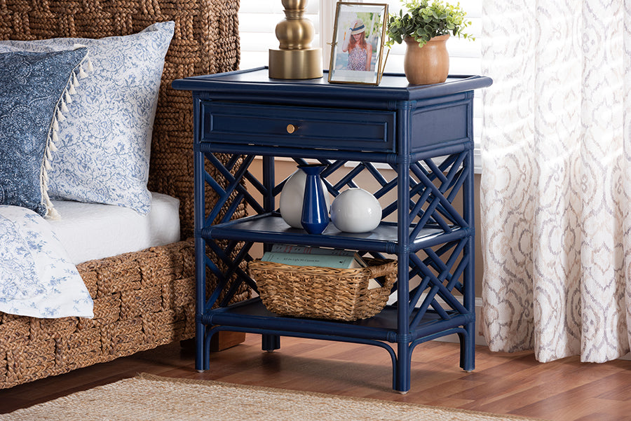 bali & pari Tiaret Natural Rattan Nightstand with Drawer and Shelves - Chippendale-Style Bedside Table for Bedroom or Coastal Living Spaces, Blue