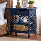 bali & pari Tiaret Natural Rattan Nightstand with Drawer and Shelves - Chippendale-Style Bedside Table for Bedroom or Coastal Living Spaces, Blue