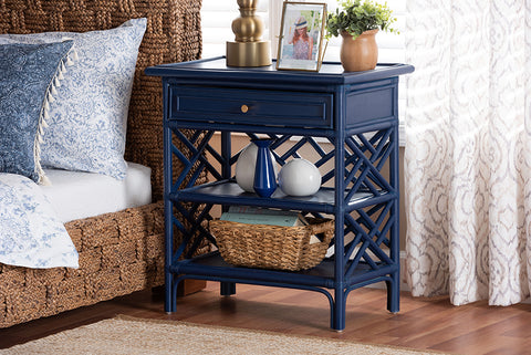 bali & pari Tiaret Natural Rattan Nightstand with Drawer and Shelves - Chippendale-Style Bedside Table for Bedroom or Coastal Living Spaces, Blue