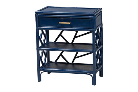 bali & pari Daina Natural Rattan Nightstand with Drawer and Open Shelves- Coastal Bedside Table with Geometric Design, Blue